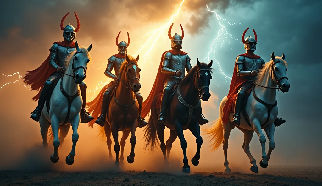 4 horsemen of the apocalypse described in the bible with the helmets on their heads closed descending from the cloudy skies with lightning and thunder