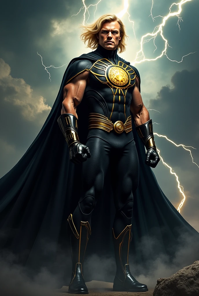 Mark pillow
Nuclear man
Black cape
Black and gold costume
Gold trim
No sleeves
Stylized sun symbol
Silver stylized “n”
Blonde hair
Glowing eyes
Electicity