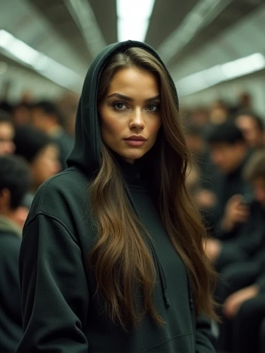 highres, masterpiece, perfect ligthing, bloom, night, cinematic lighting, adult, perfect skin, female, (looking at camera:1.4), realistic skin, eyeliner, realistic, (photorealistic), supermodel, woman, oversized hoodie, big ass, long hair, shoes, lace panties, ((crowded subway)), standing.