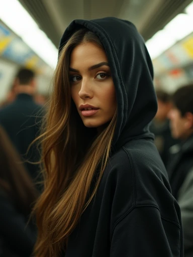 highres, masterpiece, perfect ligthing, bloom, night, cinematic lighting, adult, perfect skin, female, (looking at camera:1.4), realistic skin, eyeliner, realistic, (photorealistic), supermodel, woman, oversized hoodie, big ass, long hair, shoes, lace panties, ((crowded subway)), standing.