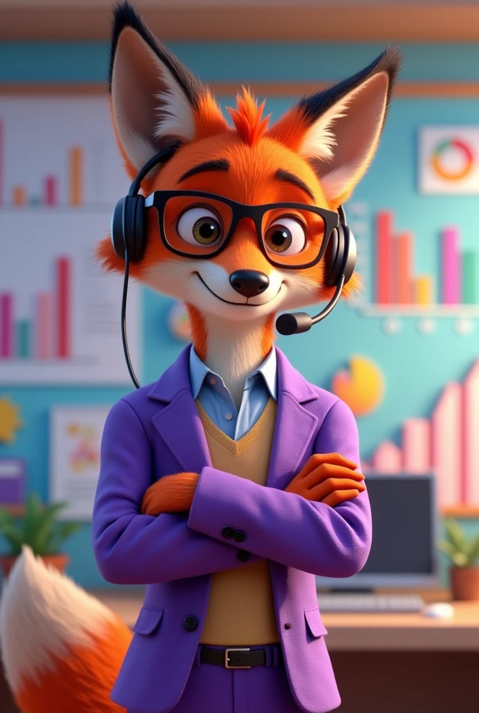 A young, mature fox in a Disney Pixar 3D style, wearing a purple telemarketing outfit and a telemarketing headset, stylishly dropshipping with a charismatic look, arms crossed and a charming smile.