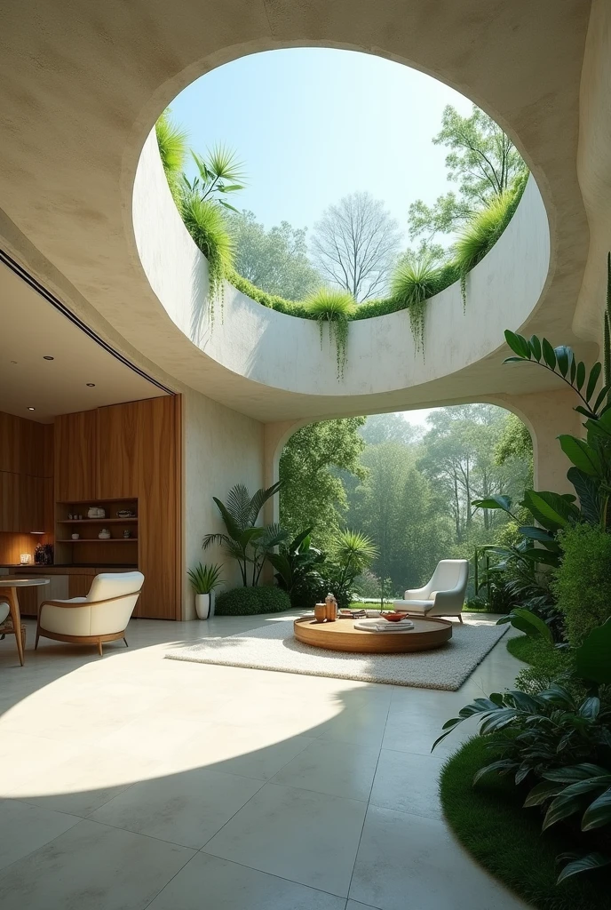 Generate an image of a modern house built entirely underground, with a glass ceiling allowing natural light to filter through. The interior should be sleek and contemporary, with open spaces, minimalist furniture, and plants growing in well-lit corners.