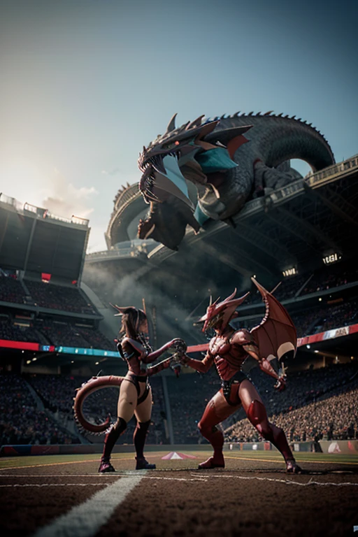 there is a dragon that is fighting a dragon in a stadium, a picture by Alexander Fedosav, deviantart, hurufiyya, slifer the sky dragon, gelbooru anime image, safebooru anime image, dialga the pokémon, a baddass dragon, gurren lagan, but as an anthropomorphic dragon, sharp!