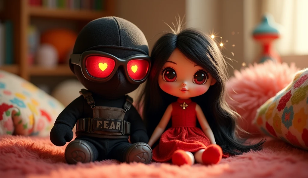 plushie F.E.A.R operative wearing tactical balaclava and red glasses with plushie in red dress with tall black hair, her eyes are glowing red. They both sitting like plushie toys.