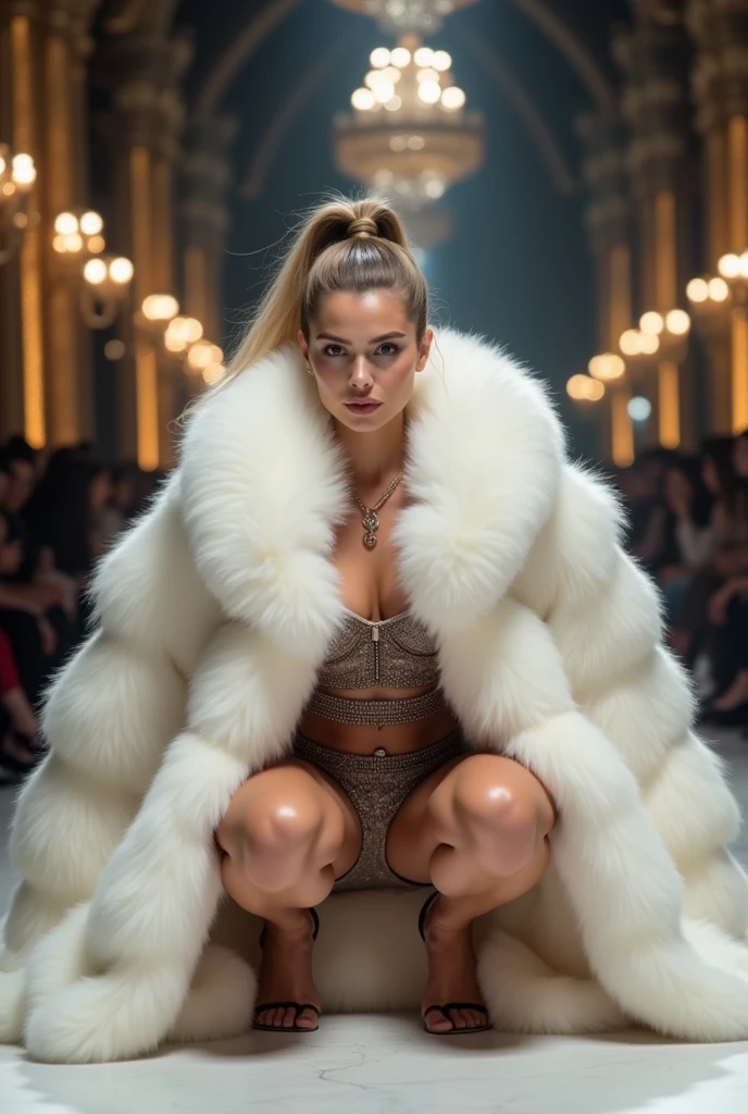 Very wide、Very thick, white mink fur coat, Thickness 100 cm, fluffy, Thick white mink fur collar, 3 floors、(Fur fashion show)、garter belt、naked、Catwoman、Nordic beauties、High ponytail、(Very large breasts:4.1)、naked、(Squat down and spread your legs wide)