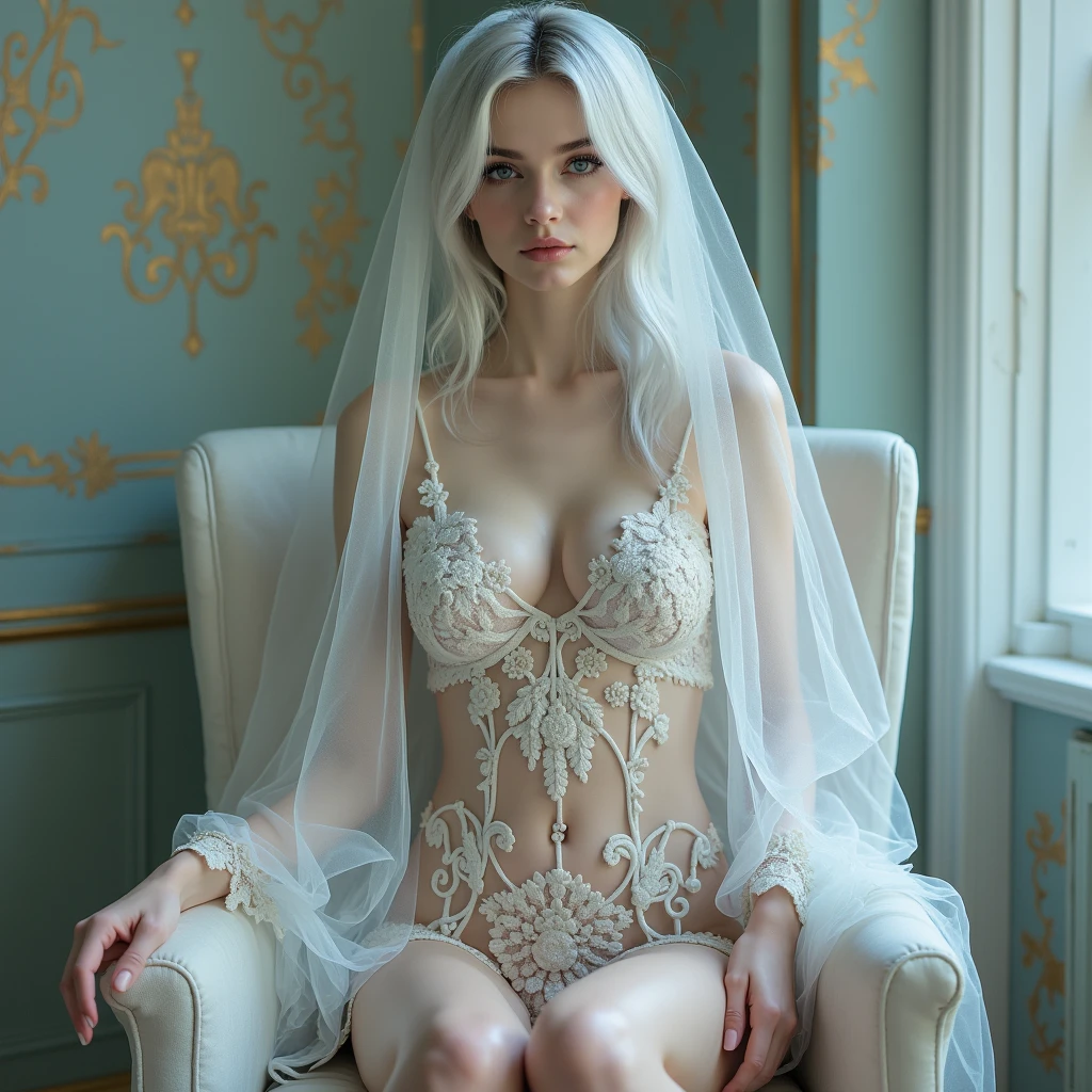 Hyper-realistic photo of a professional model with pale skin posing for a fashion photoshoot. Beautiful model in transparent floral lace night short dress, slender figure, beautiful large breasts, covered in transparent veil, lots of body exposure, full body image facing forward, fantastical painting-like image, silver hair, white translucent skin, long false eyelashes, sitting on a chair facing forward with legs apart, facing forward and legs apart to show crotch , white pastel transparent floral lingerie, glass high heels,