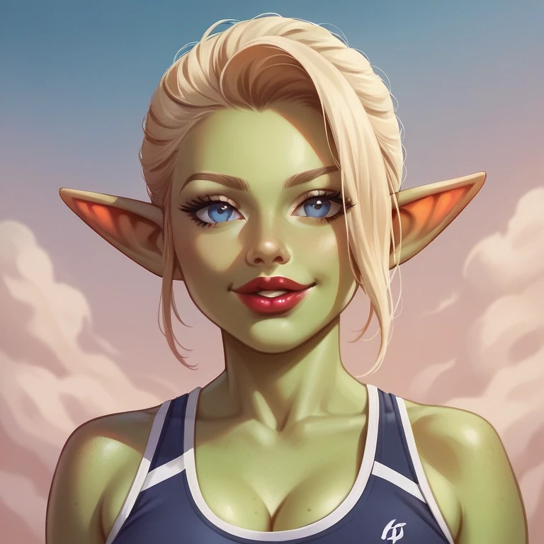 btd,1 girl, goblin, elf, mellow_female,(work of art, detailed back ground, best qualityer),long shiny hair,hair blonde,Sportswear,pretentious smile,juicy lips,bitch_juice,Red lips,perfects eyes,