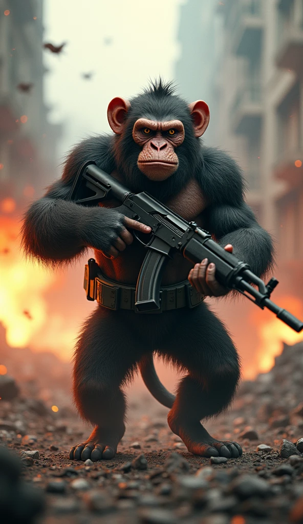 Create a 3D design of a burly monkey holding an AK47 with a war background in action
