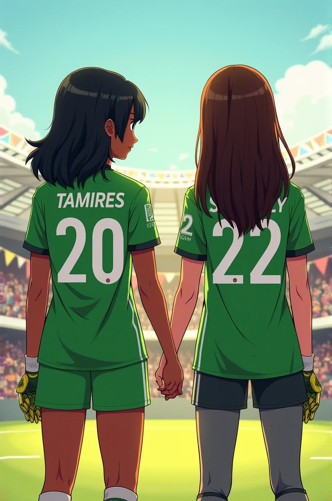 Illustration of two women holding hands with their backs to the image wearing football team jerseys. one with white skin,Bblack hair, smooth and shorter a little below the shoulder, and with the green shirt with number 20 on the back written TAMIRES. And the other with brown skin, straight and long hair, a little taller and a little bit heavier , wearing goalkeeper pants and gloves and a grey shirt with the number 22 written SAMILLY.