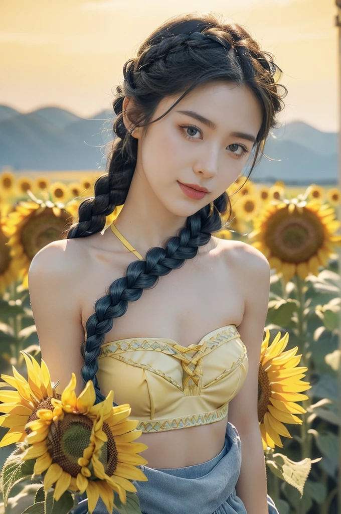 (((best quality))), (((ultra detailed))), (((masterpiece))), illustration,((a beautiful Ukrainian girl,solo)),((slim,thin)),((small breasts,flat chest)),(standing amidst a field of sunflowers:1.3),(short blue braid hair:1.5), (strapless yellow bra:1.5),((from front,close-up of face)),complementary attire, (horizon as backdrop:1.2),((brilliant shade of clear blue sky, stark contrast with sea of yellow sunflowers)),striking features, sharp piercing eyes, warm kindness, subtle smile, gentle nature, simplicity of beauty