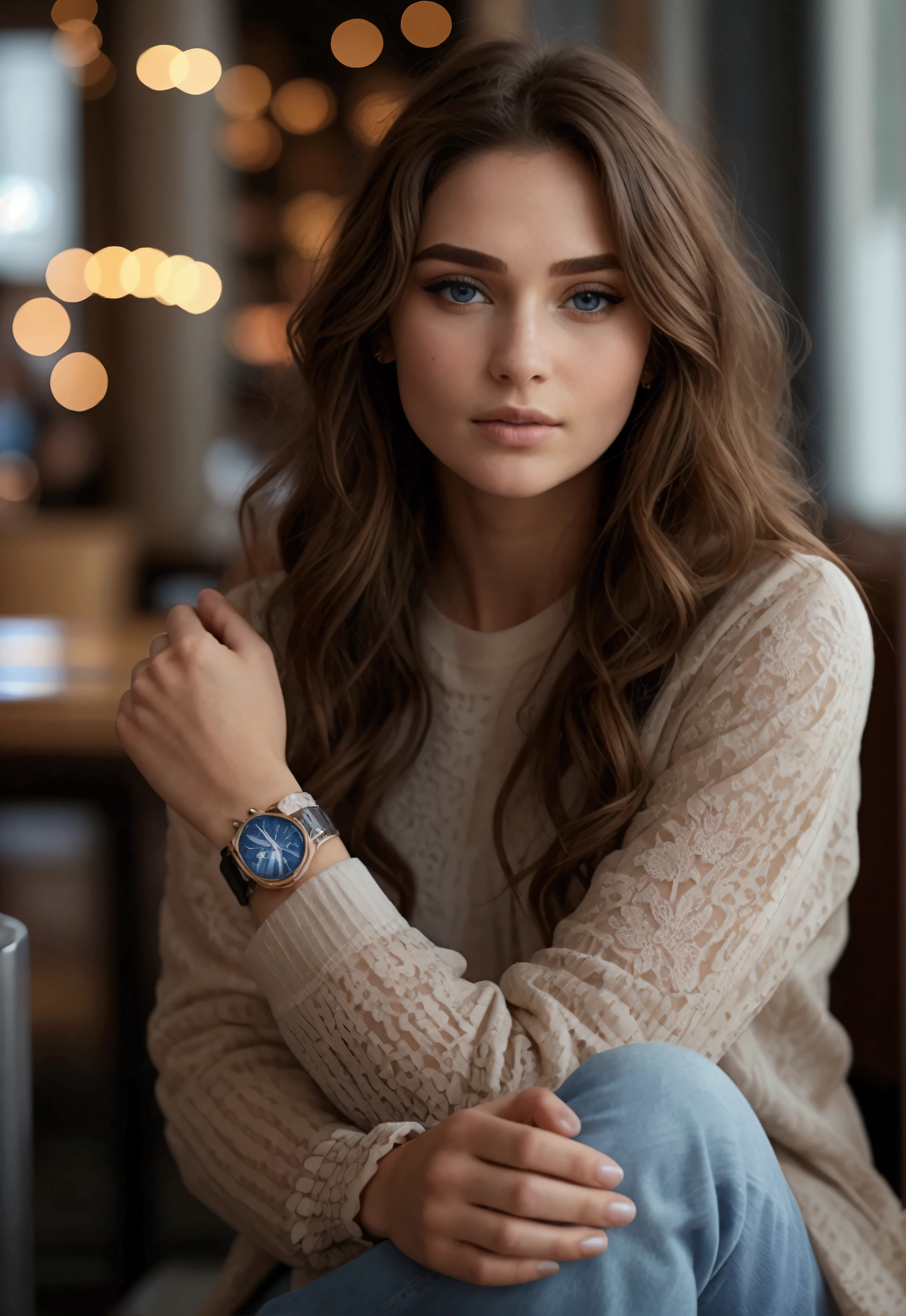 Femme portant un t-shirt blanc et un manteau marron, montrant un peu de son corps, sitting in a cafe, wearing blue jeans, wearing a nice watch, and putting on full face makeup, 16k resolution, high quality, very realistic, Fine details, Professional lighting, appareil photo Sony, fine and realistic details of the face and body