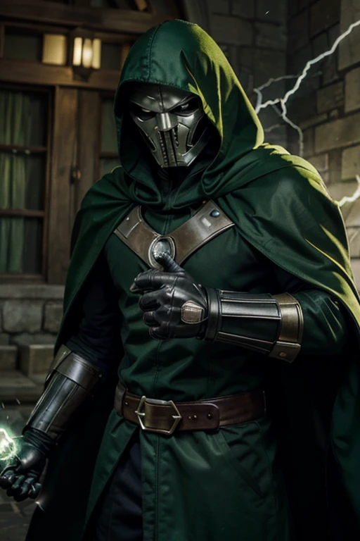 doctor doom, mask, green hood, cape, cloak, armor, belt, looking at viewer, dynamic shot, glory pose, holding electricity, energy spell, yellow aura, illustration, high quality, masterpiece, castle background 