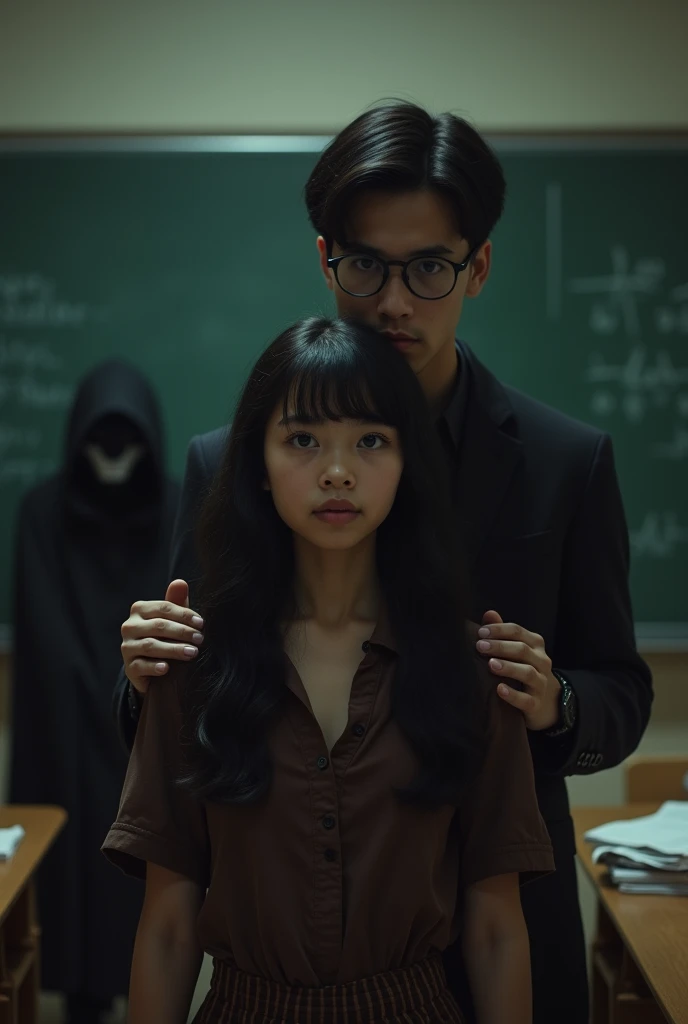 A brown teenage girl with wavy black hair and bangs, and a sexy adult professor behind her with his hands on her shoulder with short straight hair wearing glasses and a young serial killer in a cloak whose face can't be seen with jealousy in a school setting