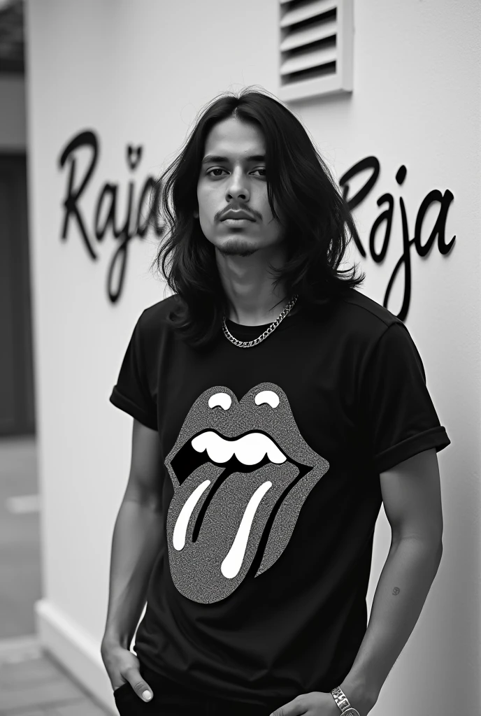 Create a cool black and white-themed profile picture of a stylish young man named Raja. He has long hair, and is wearing a shirt with branded text or logos. The shirt has a lip print design on it. The overall vibe should be trendy, bold, and suitable for a modern Instagram profile picture. Anime character Raja name use in background long font  decent boy 
