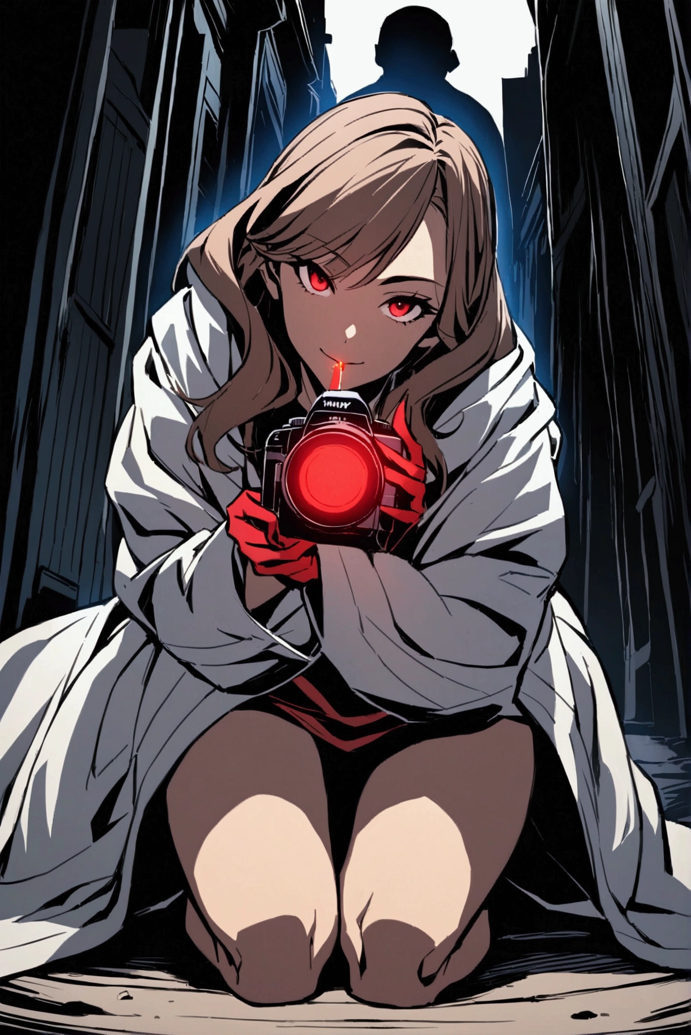 A young woman in her early thirties with a round face and a sharp, mischievous gaze, depicted in a style that blends anime and manga art. She has long, unruly brown hair with black roots showing from her dyed hair. She stands at 148 cm with a small, yet muscular build, especially her legs, which are notably thick and strong. She is wearing an doctor white coat splattered with red paint-like patterns, emphasizing her rebellious style. The scene is set in a gritty, dimly lit alleyway, with the camera angled from below, in her back-ground a hospital outline and lots of people black shadow where the shadow 's eyes are red glowing and they have inhuman evil smile on faces . looking up at her. She is positioned in the bottom right corner of the frame, sitting in a squat-like position with her hips slightly raised off the ground, knees hugged to her chest, as if in a "Yankee sitting" posture, holding a cigarette with a distinctive filter near her lips, appearing slightly weary while looking directly at the camera. Her body is turned sideways towards the camera, adding to the rebellious and secretive vibe. The smoke from the cigarette is clearly visible, curling upwards in the dim light. The background features subtle hints of red Petunia flowers, symbolizing her connection to them. The entire scene is rendered in a detailed style that merges anime and manga elements, with vibrant colors, dynamic shading, and a focus on capturing the moody, secretive atmosphere.