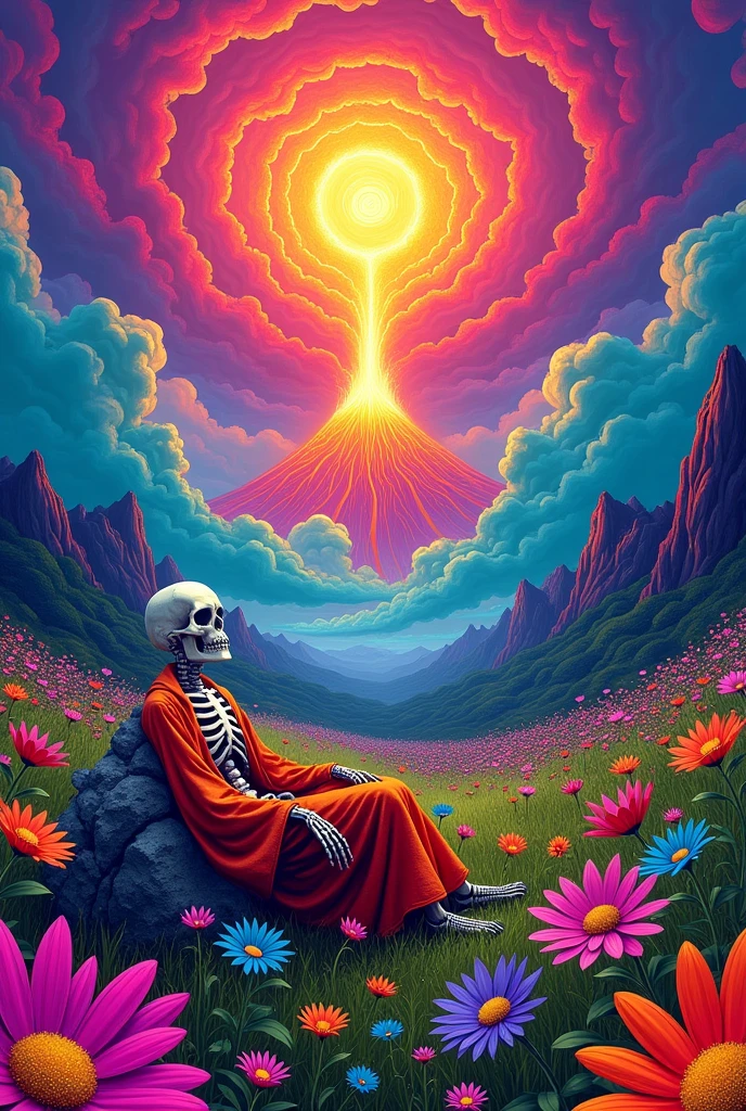Create a psychedelic, surreal landscape with a glowing, radiant sunburst at the center, surrounded by swirling, neon-colored clouds. The scene should feature a vibrant, lava-spewing volcano in the background, and a grassy field in the foreground filled with large, vividly colored daisies. Include a skeleton figure dressed in bright, flowing robes, lounging peacefully on a rock. The overall style should be highly detailed, with intense, saturated colors, bold contrasts, and a trippy, otherworldly atmosphere that blends natural and fantastical elements seamlessly.
