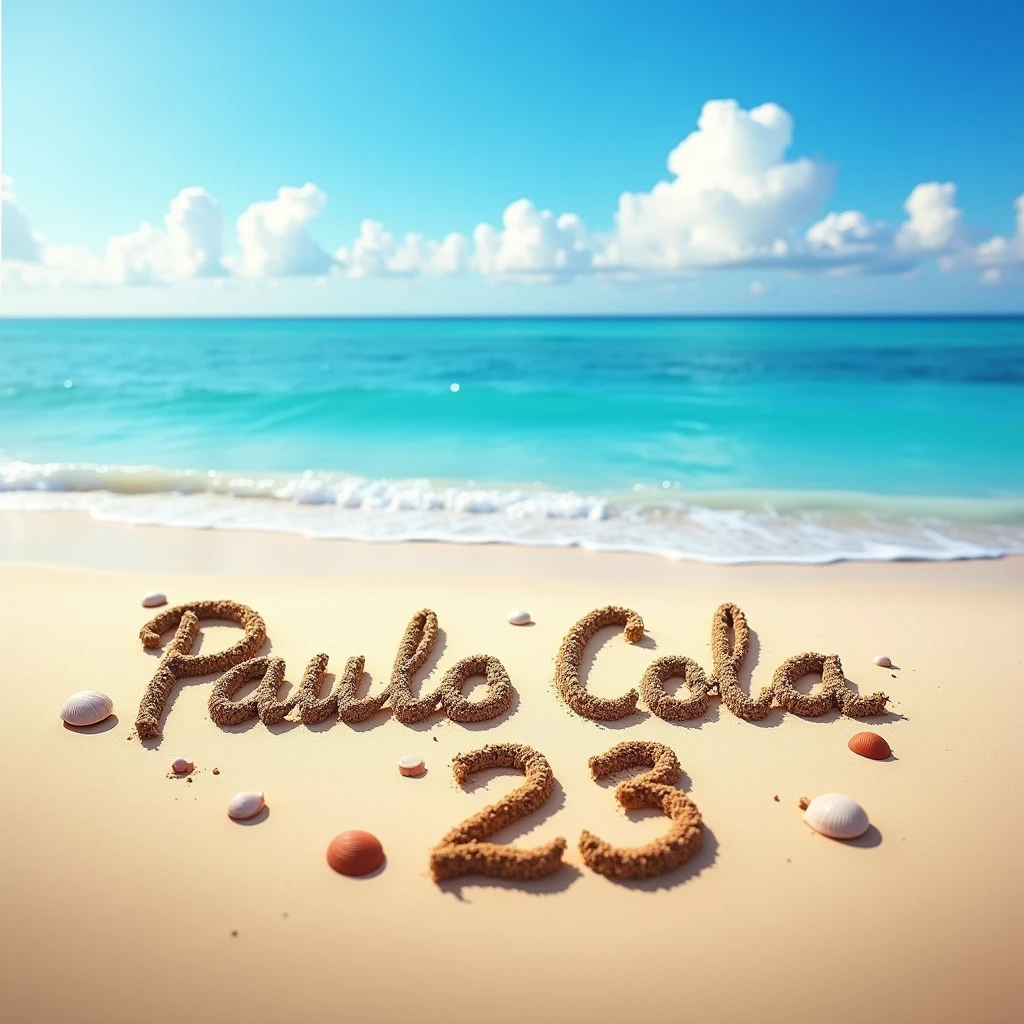 Create an image of the name “Paulo Cola” and the number "23", drawn on a beach sand.
