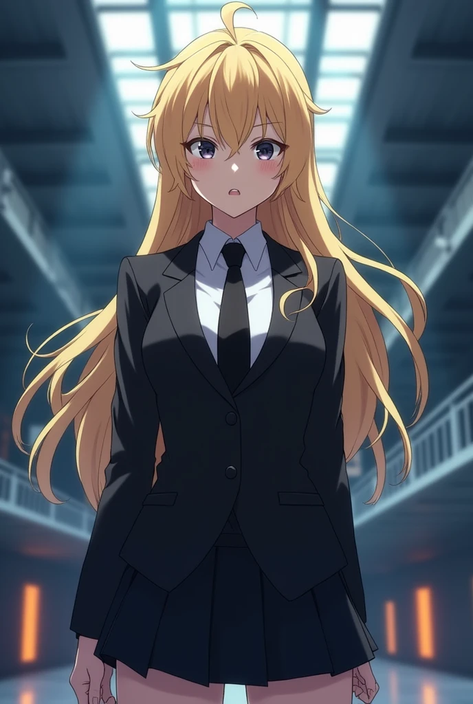 20-year-old female anime character with blonde hair, black eyes, wearing a black suit, black tie, and black skirt. The background is a training arena. Her expression is very serious.