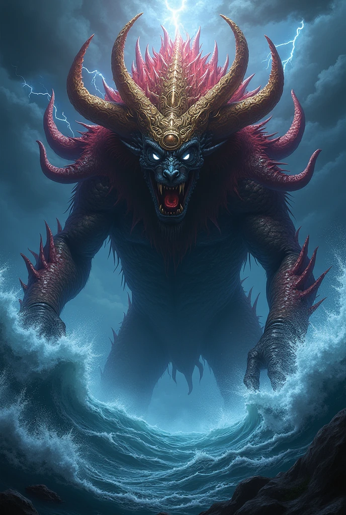 A depiction of the Beast from Revelation 13, symbolizing the Antichrist, with multiple heads and crowns, rising from the sea. The image should be intense, with a focus on the terrifying and majestic nature of the Beast.