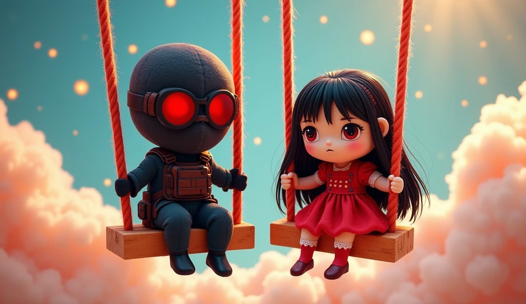 plushie F.E.A.R operative wearing tactical balaclava and red googles with plushie in red dress with tall black hair, her eyes are glowing red. They both sitting like plushie toys on the swings.
