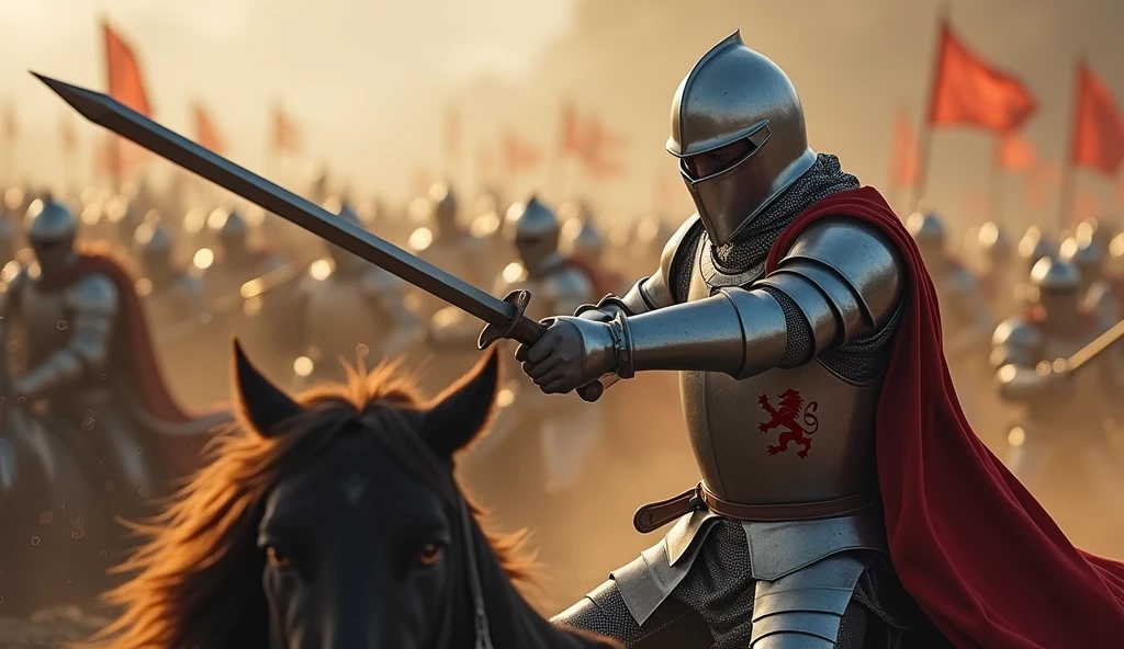 A highly realistic, high-contrast, 8K HD, detailed, hyper-detailed image of a medieval knight swinging his sword with powerful force, striking down an enemy on the battlefield. The knight, clad in steel armor with a lion emblem on his tunic and helmet fully covering his face, delivers a decisive blow, his sword cutting through the air with precision. The scene captures the intensity of the moment, as the enemy falls before the knight's skill and strength. The atmosphere is charged with the energy of battle, with the surrounding environment reflecting the chaos and struggle of combat. The image is of the highest quality, with ultra-high resolution, RAW photo quality, and Unreal Engine rendering, showcasing the knight's prowess and determination as he triumphs over his foe, with the lion emblem standing out proudly on his armor.