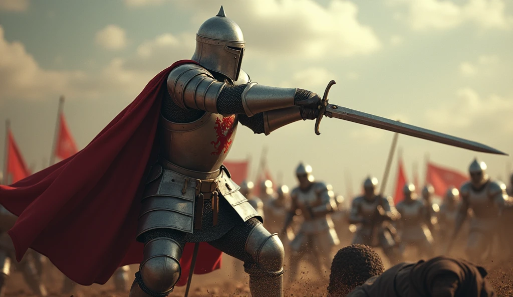 A highly realistic, high-contrast, 8K HD, detailed, hyper-detailed image of a medieval knight swinging his sword with powerful force, striking down an enemy on the battlefield. The knight, clad in steel armor with a lion emblem on his tunic and helmet fully covering his face, delivers a decisive blow, his sword cutting through the air with precision. The scene captures the intensity of the moment, as the enemy falls before the knight's skill and strength. The atmosphere is charged with the energy of battle, with the surrounding environment reflecting the chaos and struggle of combat. The image is of the highest quality, with ultra-high resolution, RAW photo quality, and Unreal Engine rendering, showcasing the knight's prowess and determination as he triumphs over his foe, with the lion emblem standing out proudly on his armor.
