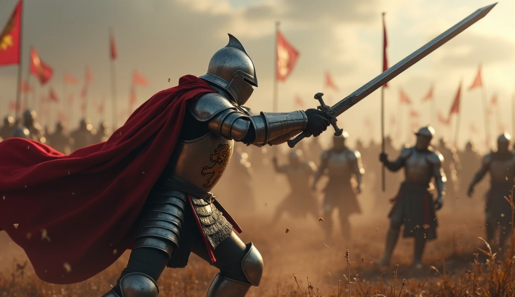 A highly realistic, high-contrast, 8K HD, detailed, hyper-detailed image of a medieval knight swinging his sword with powerful force, striking down an enemy on the battlefield. The knight, clad in steel armor with a lion emblem on his tunic and helmet fully covering his face, delivers a decisive blow, his sword cutting through the air with precision. The scene captures the intensity of the moment, as the enemy falls before the knight's skill and strength. The atmosphere is charged with the energy of battle, with the surrounding environment reflecting the chaos and struggle of combat. The image is of the highest quality, with ultra-high resolution, RAW photo quality, and Unreal Engine rendering, showcasing the knight's prowess and determination as he triumphs over his foe, with the lion emblem standing out proudly on his armor.