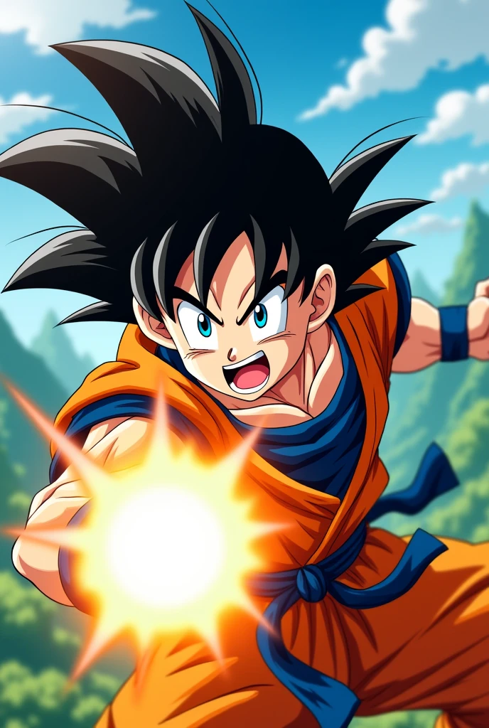 Goku showing his punch. close shot