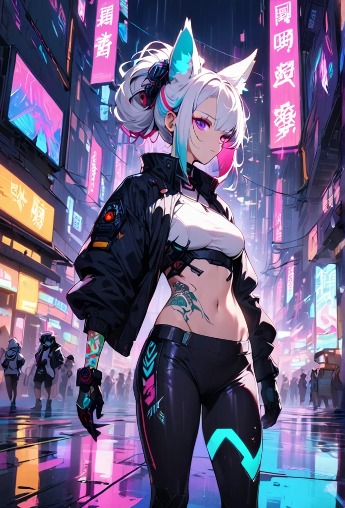 1woman, long white hair with pink and cyan tips,Muticolored hair, fox ears, purple eyes, wearing a white coat, leggings, wearing black undershirt, tattoos on arms, colorful japanese tattoos, showing body, medium breasts, cyberpunk