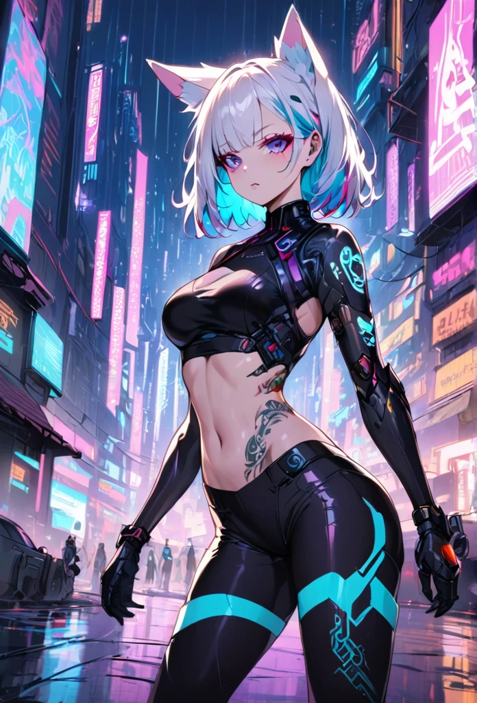 1woman, long white hair with pink and cyan tips,Muticolored hair, fox ears, purple eyes, wearing a white coat, leggings, wearing black undershirt, tattoos on arms,  colorful japanese tattoos, showing body, medium breasts, cyberpunk