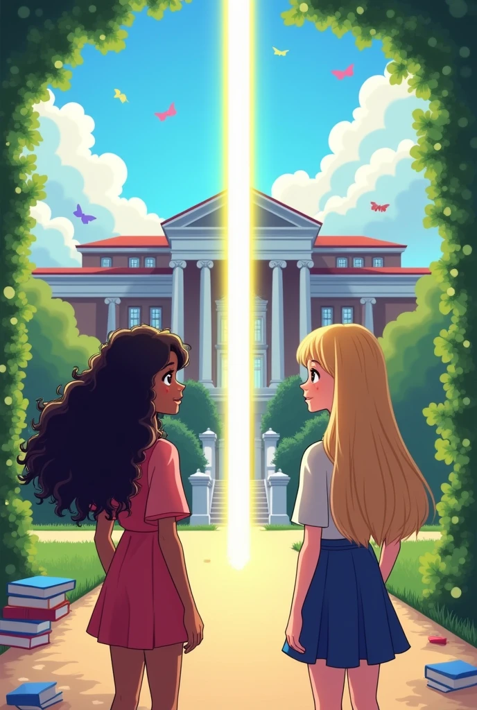 A university in the background, In front there are two young girls, one black with long curly black hair and another white, preppy girl with long blonde hair., A vertical line shaped like a ray separates them as if they were from different worlds. Everything in cartoon form