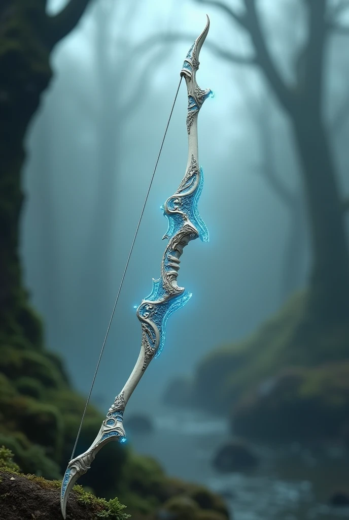 Draw a longbow, offwhite, with blue details, and it's a noble aspect, magical, with an imposing image. Fundo offwhite estilo PNG
