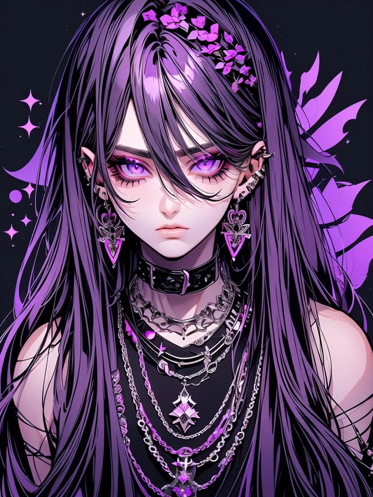 (Beautiful man:1) , (long hair) , (Black and purple hair) , (male:1.4) , light silver eyes , voluminous hair, ((Skinny build)) , effeminate , full long eyelashes, hair in a ponytail, Bishounen, griffith, possess delicate and androgynous features, thick eyeliner, close mouth, full studs earrings, chocker, necklace, androgynous, femboy, non binary model,