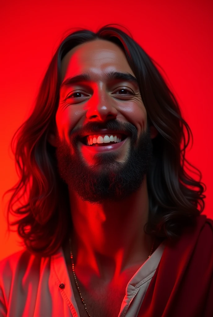 To create an image based on your description, we will combine the following elements in English:

smiling jesus, long hair, beard, red background, gigachad jesus, portrait, jesus christ, jesus face, smiling male, smiling man, jesus christ, face with beard, jesus of nazareth, jesus alonso iglesias, beautiful male face, cyberpunk jesus christ, detailed realistic smiling faces, smiling expression, handsome detailed face, tron legacy jesus, dressed as jesus christ, photo-realistic face, the lord and savior, handsome stunning realistic

I will now generate a visual prompt based on these elements.