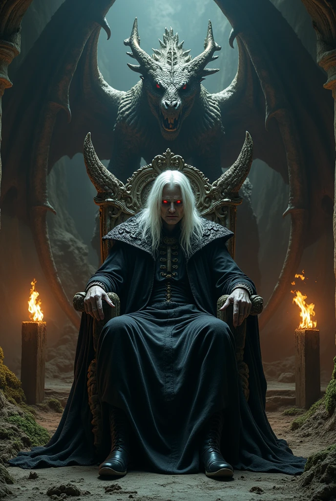 Make a wicked white-haired man with scarlet eyes sit on his throne of bones.
There is a dragon's body fallen to the bottom, almost invisible
