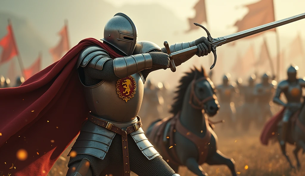 A highly realistic, high-contrast, 8K HD, detailed, hyper-detailed image of a medieval knight swinging his sword with powerful force, striking down an enemy on the battlefield. The knight, clad in steel armor with a lion emblem on his tunic and helmet fully covering his face, delivers a decisive blow, his sword cutting through the air with precision. The scene captures the intensity of the moment, as the enemy falls before the knight's skill and strength. The atmosphere is charged with the energy of battle, with the surrounding environment reflecting the chaos and struggle of combat. The image is of the highest quality, with ultra-high resolution, RAW photo quality, and Unreal Engine rendering, showcasing the knight's prowess and determination as he triumphs over his foe, with the lion emblem standing out proudly on his armor.
