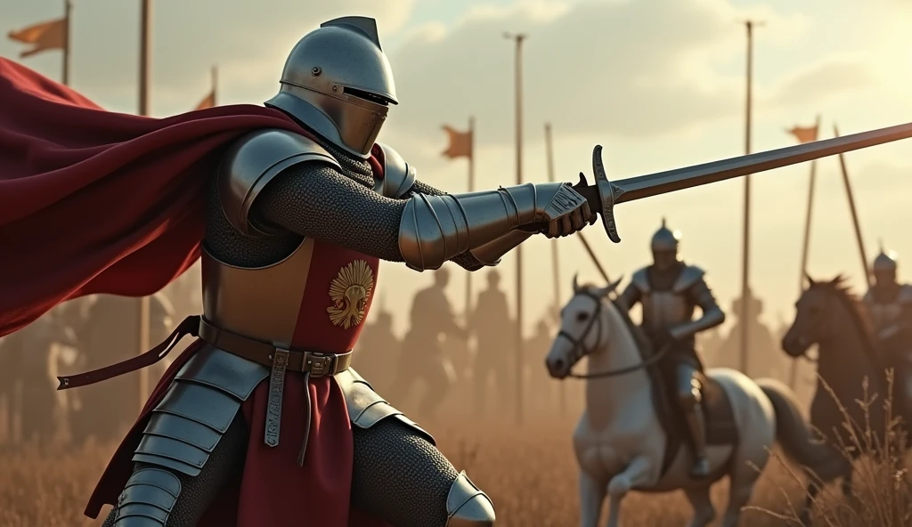 A highly realistic, high-contrast, 8K HD, detailed, hyper-detailed image of a medieval knight swinging his sword with powerful force, striking down an enemy on the battlefield. The knight, clad in steel armor with a lion emblem on his tunic and helmet fully covering his face, delivers a decisive blow, his sword cutting through the air with precision. The scene captures the intensity of the moment, as the enemy falls before the knight's skill and strength. The atmosphere is charged with the energy of battle, with the surrounding environment reflecting the chaos and struggle of combat. The image is of the highest quality, with ultra-high resolution, RAW photo quality, and Unreal Engine rendering, showcasing the knight's prowess and determination as he triumphs over his foe, with the lion emblem standing out proudly on his armor.