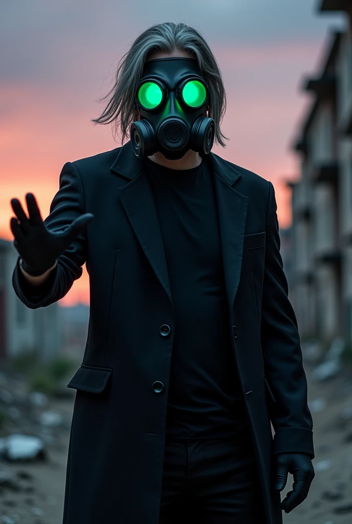 A man wearing a gas mask with glowing green lenses, With a black overcoat and black t-shirt, with gray parted hair, with a gray aura, with fingerless gloves