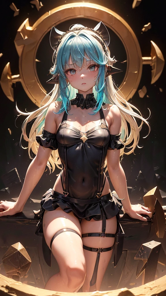 (golden ratio:1.2),[(black backdrop:1.4)::10],(work of art), (best qualityer), (ultra detaild),(Shaggy hair),(illustration),(delicate detailed), (details Intricate), (cinematic light, best qualityer Backlights), clear line, from low, woman alone，perfect bodies，(1 girl),slime girl,whole body,(Watery and transparent skin(/Reflects colorful light)/:1.3),long straight hair,breasts big,Waist slender,(average ass:1.3),peach ass,(Extremely small sling bikini:1.3),Glamorous and sexy swimwear,(The suspender bikini is tied with a beautiful bow:1.3)+(Black mini dress with fluffy lace:1.3)+(Top with ruffles on the shoulders:1.3),The skirt disappeared,(Sits above an anvil:1.3),(This anvil is an artifact depicted with sacred runes:1.4)+(glowing red runes:1.3)+(Golden finish and gray-black body:1.3),hinterland,inside a warehouse,(Fragmented precious metals:1.3),(Superalloy steel is stacked nearby:1.2)