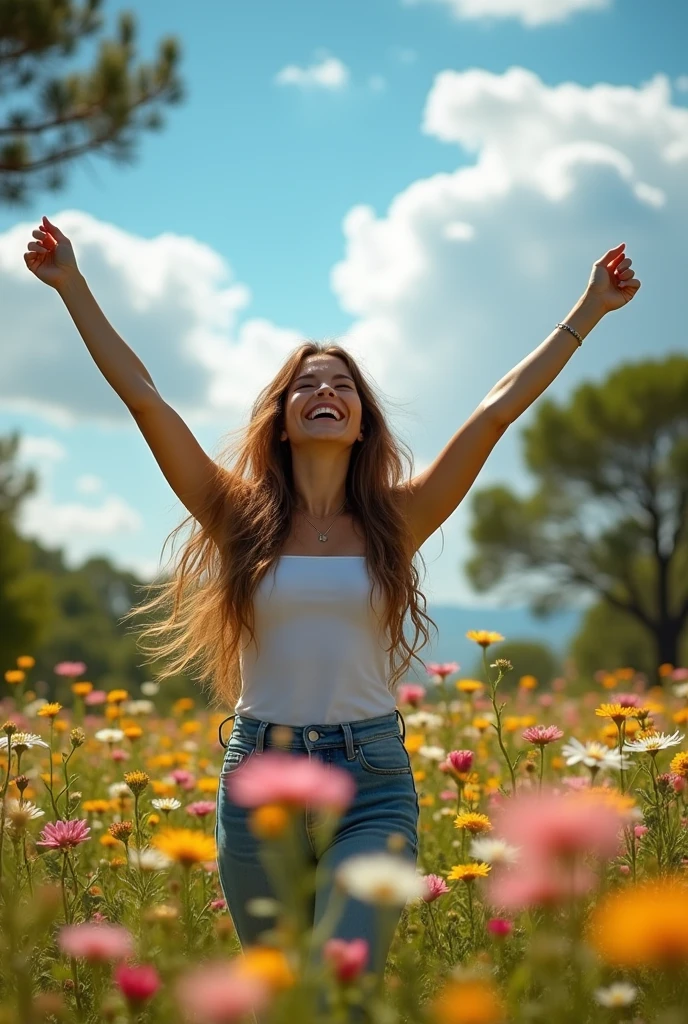 A woman celebrating, with arms raised in victory, in a setting of exuberant nature.