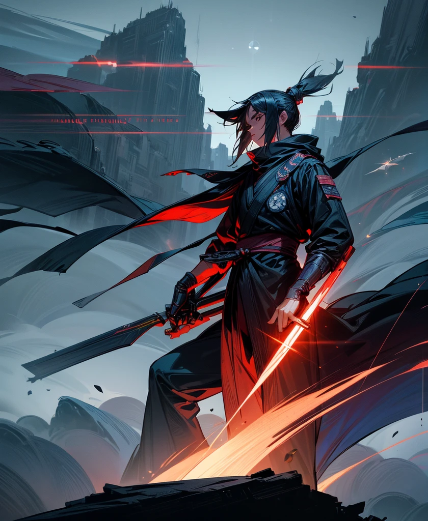 "Dressed in SF costume, Excellent Ninja, Space Sword, Vast space, Planetary Wonders, (Sci-Fi Dreams), Landscape shrouded in mist, Fascinating and surreal"