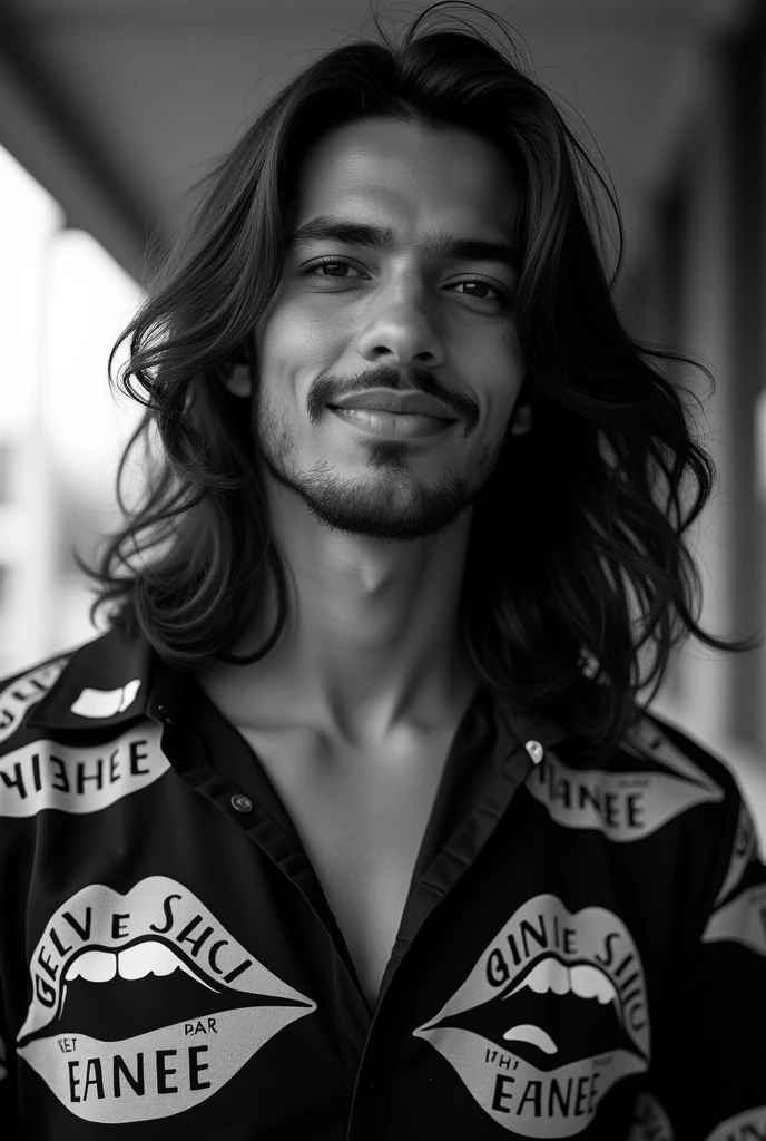 Create a cool black and white-themed profile picture of a stylish young man named Raja. He has long hair, and is wearing a shirt with branded text or logos. The shirt has a lip print design on it. The overall vibe should be trendy, bold, and suitable for a modern Instagram profile picture. Anime character decent looking