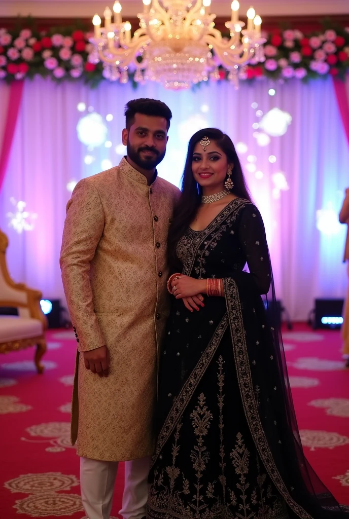 beautiful couple Adil getting marriage with Mahreen  in marriage hall dulha with name Adil write on kameez. Dulhan with name Mahreen write on cloth . Adil wearing beautiful salwar kameez and Mahreen beautiful marriage cloth black colour .both name write on wall decorate holographic picture