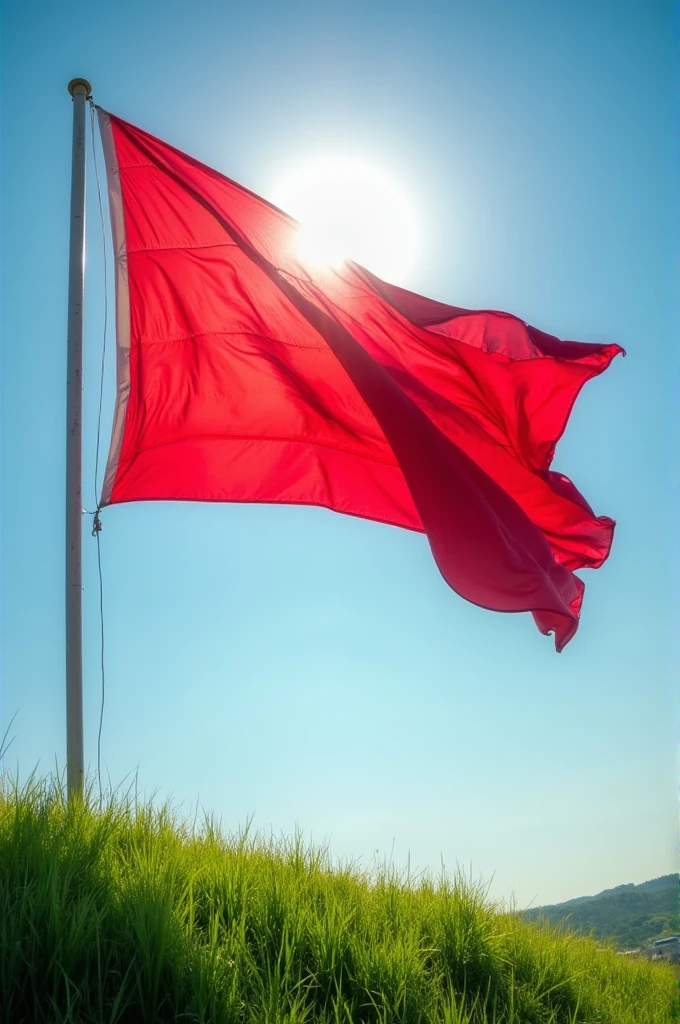 The red and white flag flutters symmetrically on both sides, with glamorous light.
