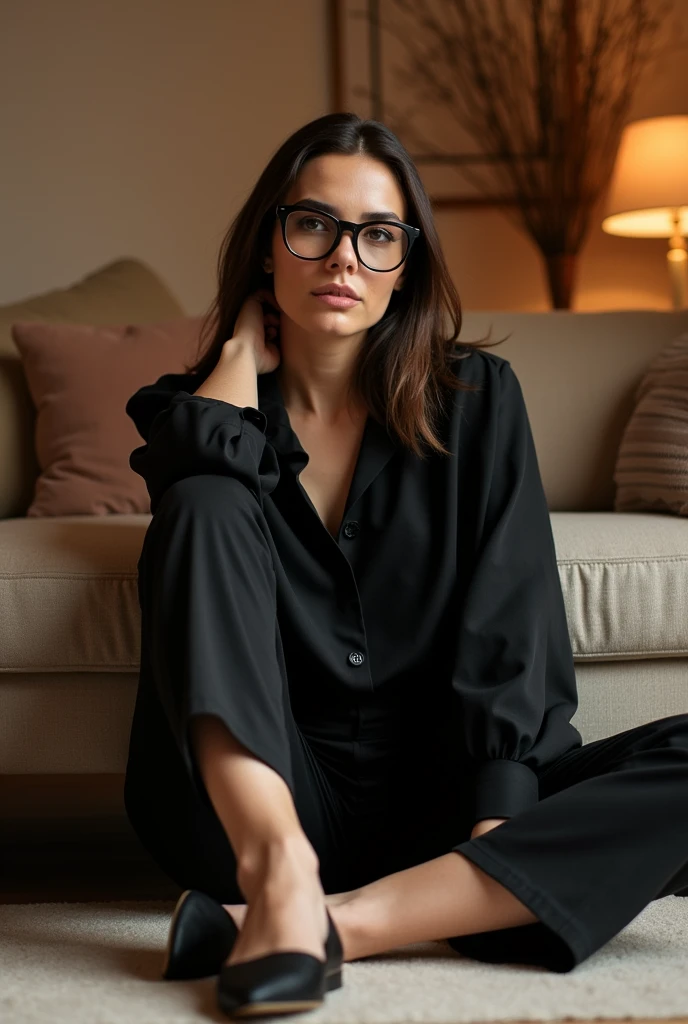 woman with glasses, Black blouse and black pants, sitting on the floor showing her flats and feet with her hands.