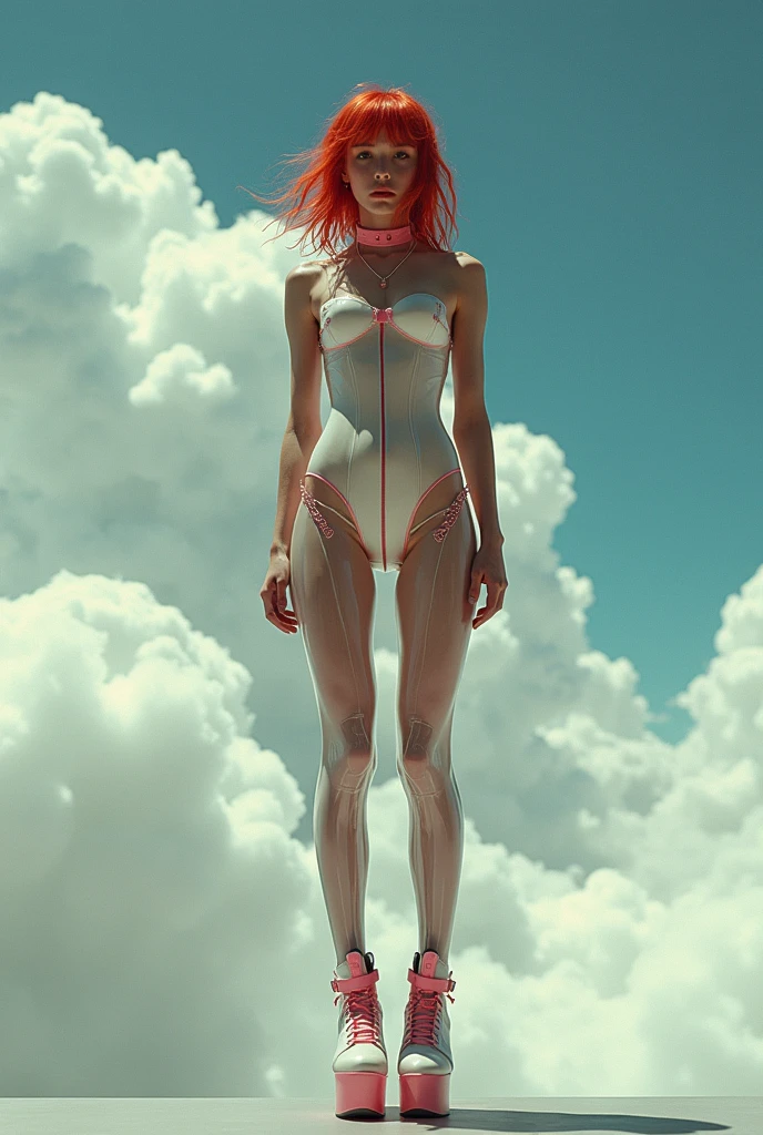 RanXerox Maison Margiela's Couture Show Movie 'The Creator' (Realistic) translucent skintight suit fashion model Cinematic PUNK ROCK cute red haired teen girl, ((Pole Dancer High Platform Shoes thick Heels)) with bouncing breasts in the style of Tony Sandoval and Geoff Darrow art. Fighting robots in the the clouds. Explosion. (4K image:1.1), (Sharp focus:1.3), Highly detailed, (Attractive young woman:1.3), (Alluring:1.1), (Blush:1.1) (Style-Glass), (()), High resolution, Anti-aliasing, 8k, ((Syd Mead)), Sharp details, ((masterpiece)), (Picturesque) sex android NEON Cinema film-grab.com RanXerox