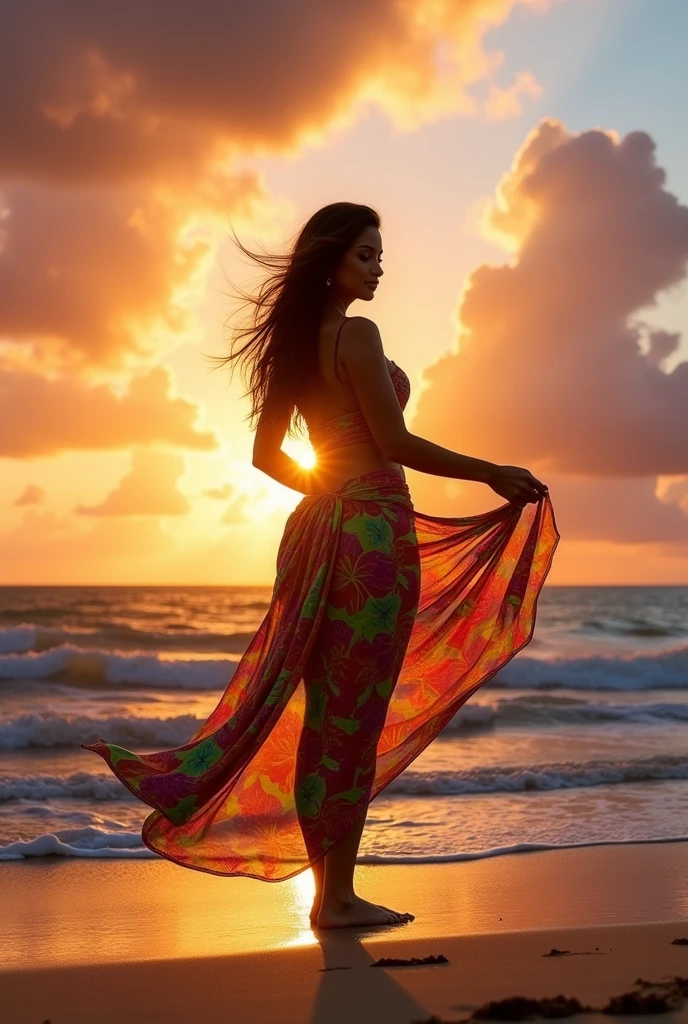 A Brazilian woman on a beach with the sunset in the background 