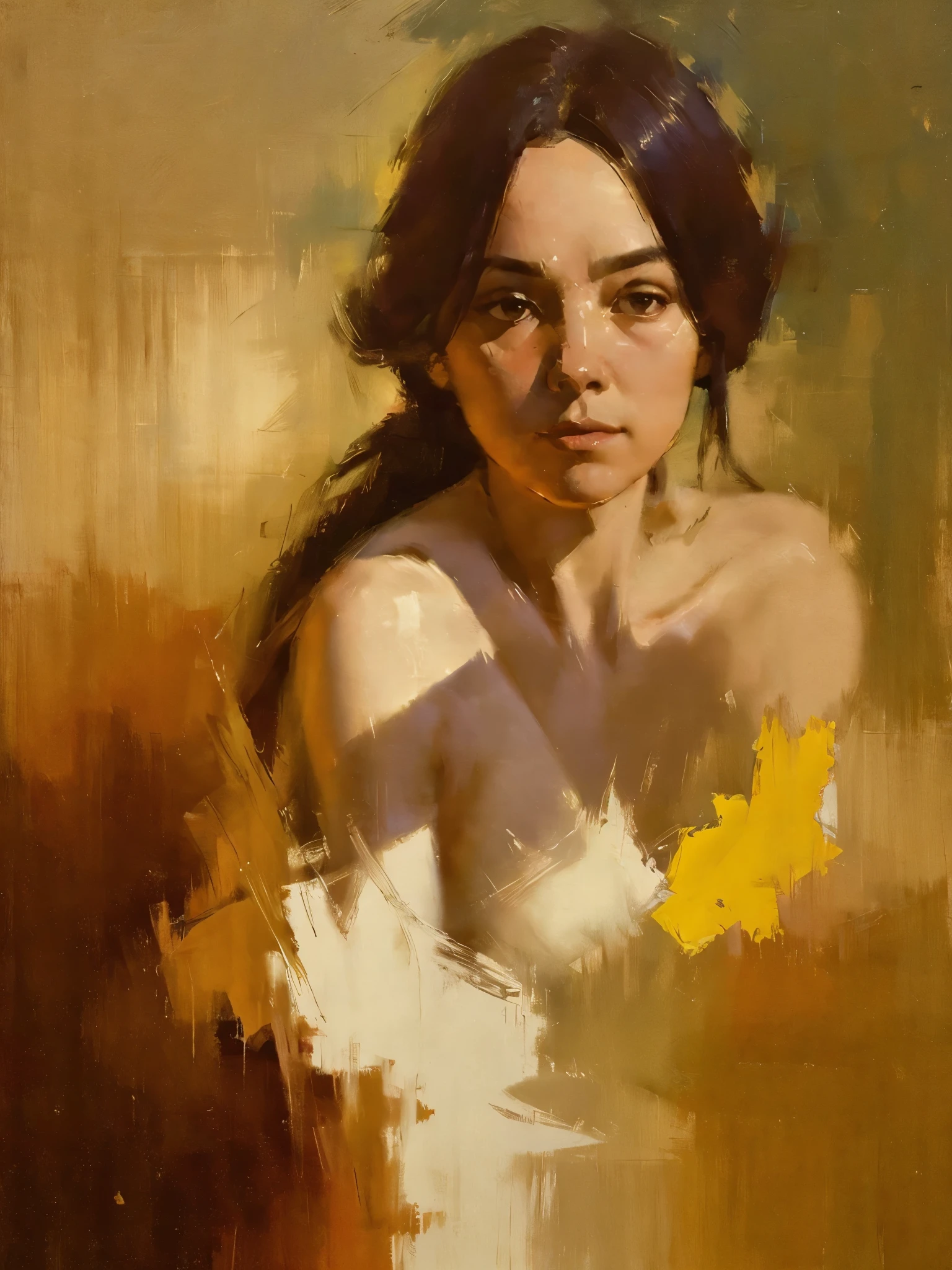 Create a portrait of a person in a contemplative or intimate pose, drawing inspiration from the art style of Malcolm Liepke. Use expressive and thick brushstrokes to add texture and depth to the painting. Employ a rich and harmonious color palette, focusing on deep, saturated hues contrasted with subtle skin tones. Pay special attention to the interplay of light and shadow to create a sense of volume and mood.

The background should be abstract and textured, complementing the figure without overwhelming it. Highlight the emotional depth of the subject through their eyes and facial expression, capturing a moment of introspection or quiet intensity. The clothing and surrounding elements should blend seamlessly into the overall composition, with less detail, allowing the figure to remain the focal point.

Strive to balance realism with painterly abstraction, emphasizing the tactile quality of the paint and the emotional resonance of the subject