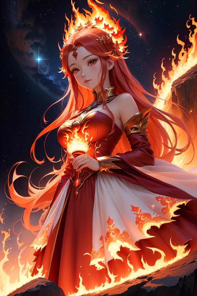 anime girl in red dress with fire and stars, goddess of fire, fantasy art style, the fire queen, fire dress, fire goddess, appears as the fire goddess, holy fire spell art, beautiful celestial mage, lava and fire goddess, anime fantasy artwork, hot fire goddess, anime goddess, 8k high quality detailed art, anime fantasy illustration, dress made of fire