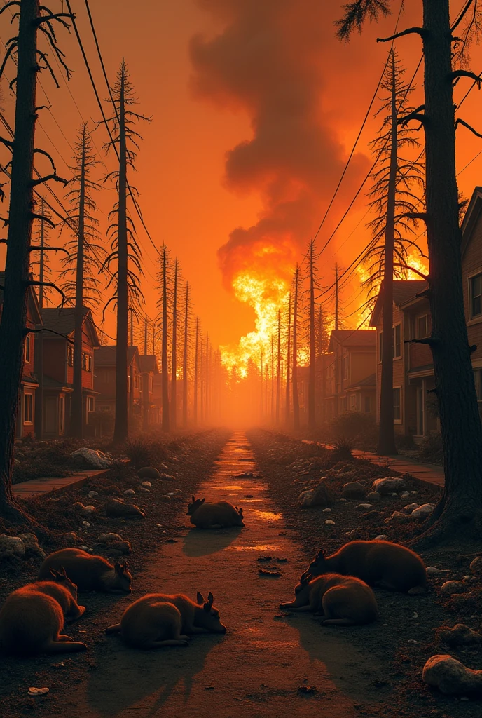 Animals dying from the fires, Trees on fire, garbage thrown everywhere, empty city without people, houses on fire, empty and lifeless place 